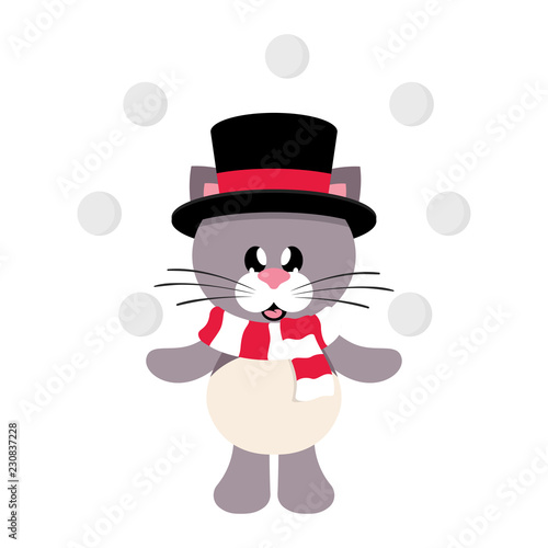 winter cartoon cute cat in hat with scarf and snowball