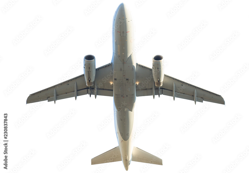 Fototapeta premium pasażerski samolot pasażerski na białym tle. od dołu widok z dołu.