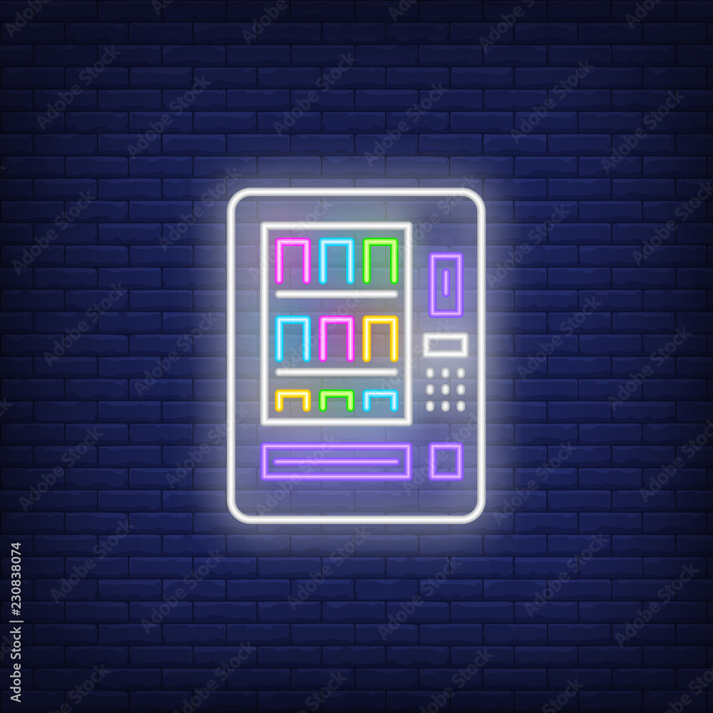 Bright vending machine neon sign. Glowing illustration of vending