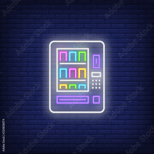 Bright vending machine neon sign. Glowing illustration of vending machine on dark blue brick background. Can be used for night advertisement, cafes, snack bars