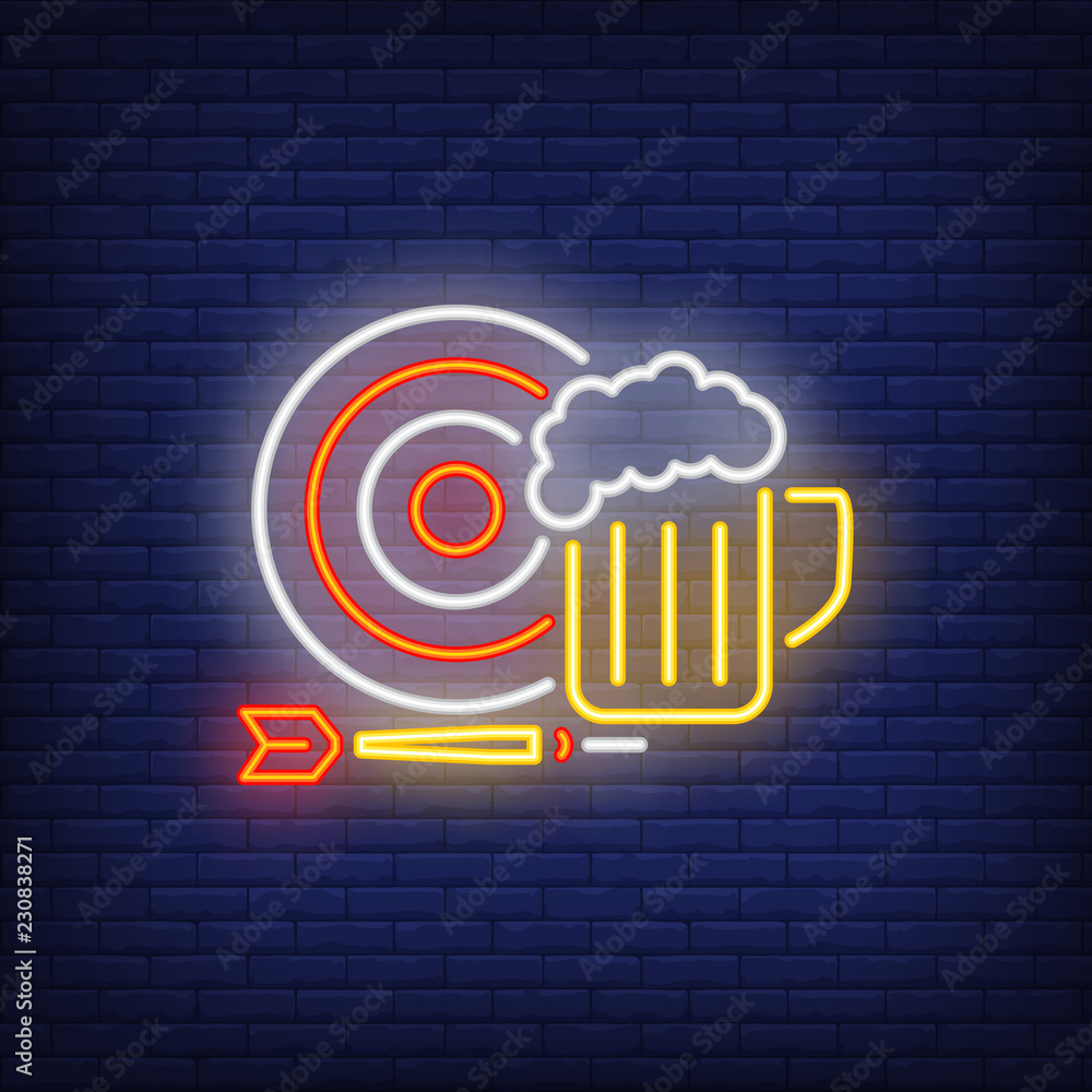 Dart, target and beer mug neon sign. Illustration of dart board, arrow and beer cup. Can be used