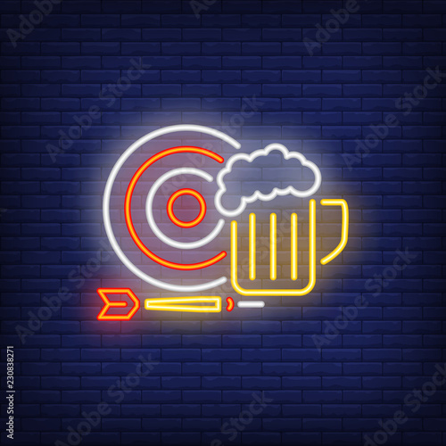 Dart, target and beer mug neon sign. Illustration of dart board, arrow and beer cup. Can be used for bars, entertainment, advertisement, night club