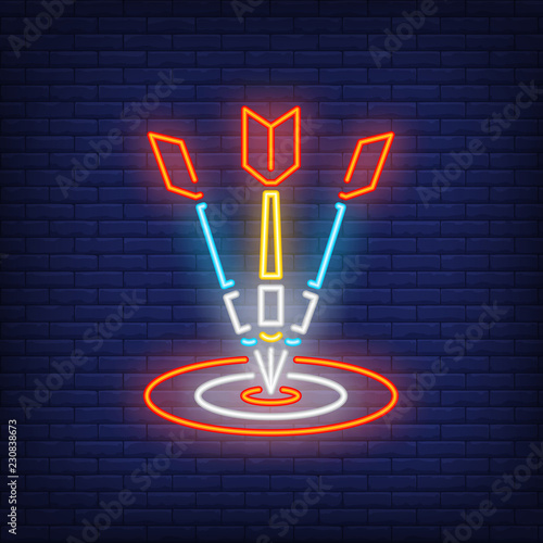 Three arrows in target. Illustration of dart board, three arrows on dark brick blue background. Can be used for bars, entertainment, advertisement, night club, games