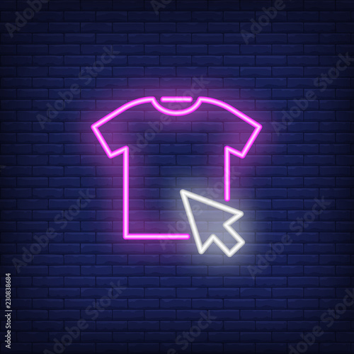 T-shirt with cursor neon sign. Illustration of t-shirt with cursor on dark brick blue background. Can be used for topics like shopping, clothing, online shops