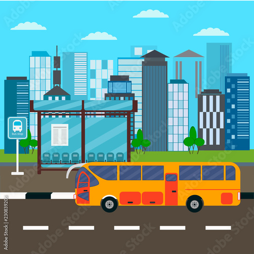 Bus stop and city bus driving on downtown road, with city background . Vector concept background or banner.