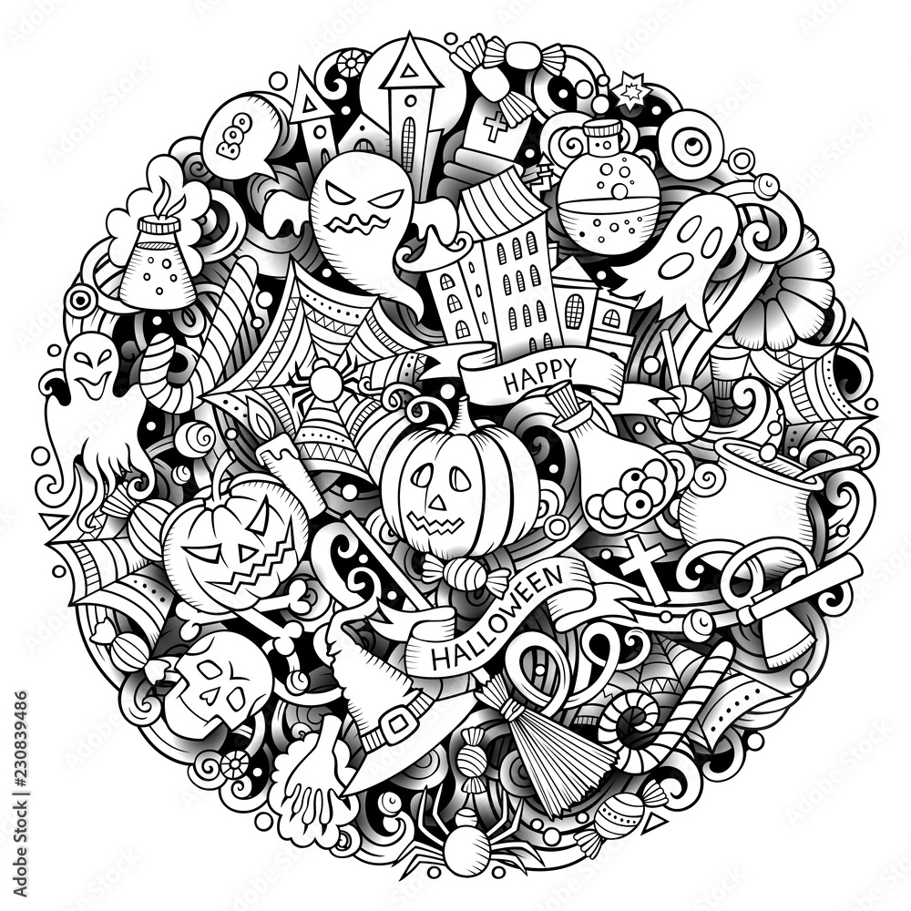 Cartoon vector doodles Happy Halloween illustration. Outline funny round picture Cartoon vector doodles Happy Halloween illustration. Outline funny round picture