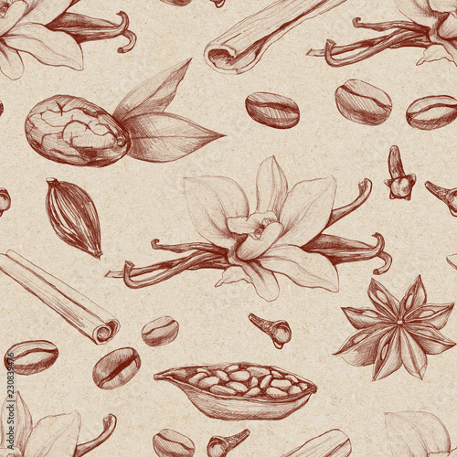 spices vanilla, cinnamon, cocoa and coffee beans, anise, carnation pencil drawn, vintage style on seamless textured background, kitchen Wallpaper, textiles, wrapping paper