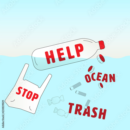 Top 5 items of ocean trash infographic with words as  message in a bottle gimmick to communicate. Type of ocean trash concept. Vector illustration.
