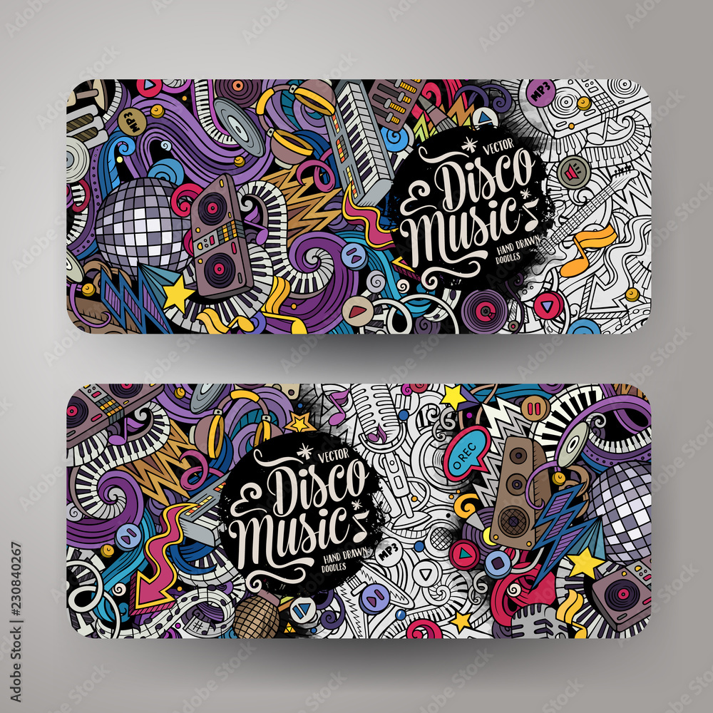 Cartoon cute colorful vector hand drawn doodles Disco music banners