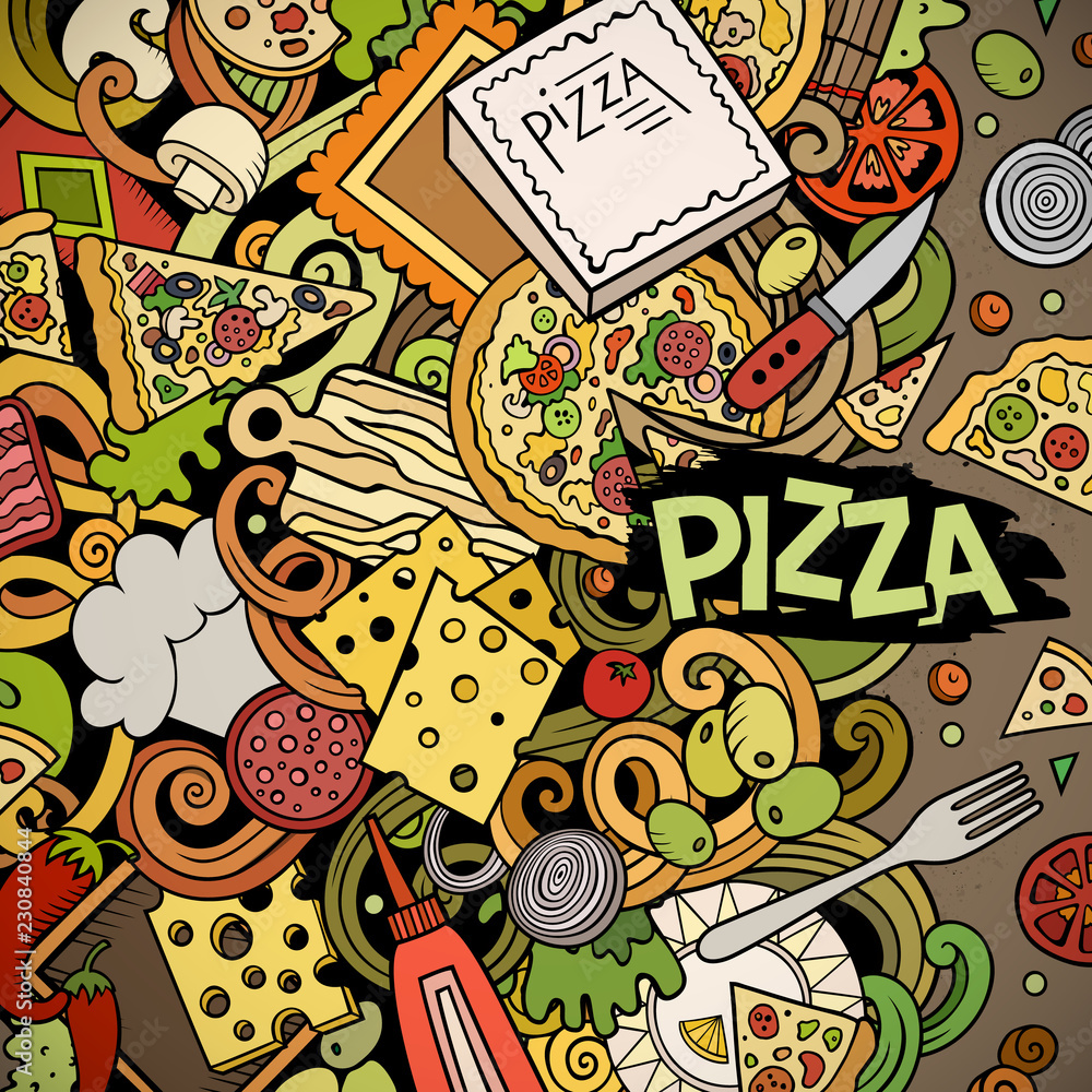 Cartoon vector doodles Pizza frame. Bright colors pizzeria funny border