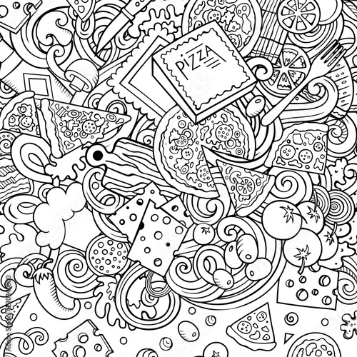 Cartoon vector doodles Pizza frame. Contour drawing pizzeria funny border