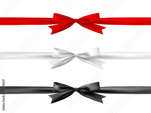 Red, white and black bow tie with ribbon. Vector illustration, isolated.