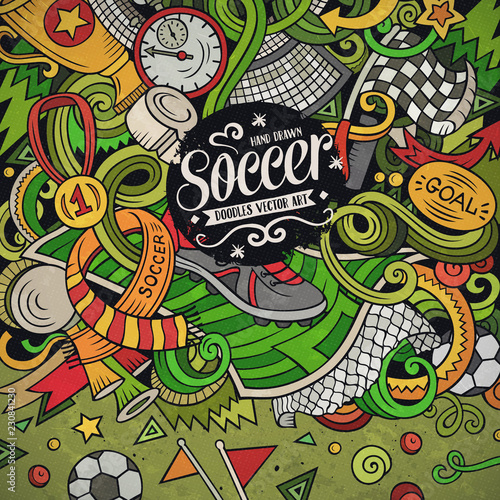 Cartoon vector doodles Soccer frame. Colorful  detailed  background
