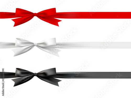Red, white and black bow tie with ribbon. Vector illustration, isolated.