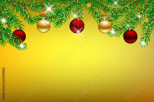 Christmas design with fir branches decorated with baubles stars and garlands on golden background with space for text.