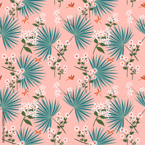 Cute white flowers with tropical leaves on pastel seamless pattern,design for fashion,fabric,textile,print or wallwaper