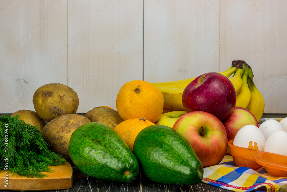 Collage and ripe fruits and vegetables on white background. Free space for text. Collage and ripe fruits and vegetables on white background. Free space for text.