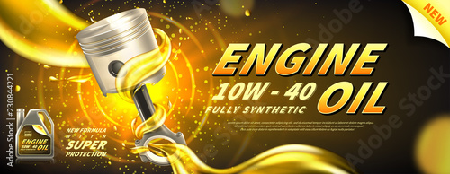 Engine oil advertisement background. Vector illustration with realistic piston and motor oil on bright background. 3d ads template.