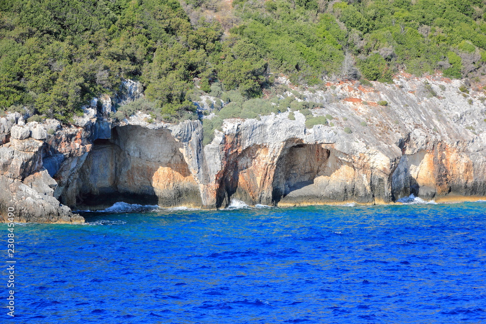 Sea caves of Zakynthos. North coast of Zakynthos or Zante island, Ionian Sea, Greece.