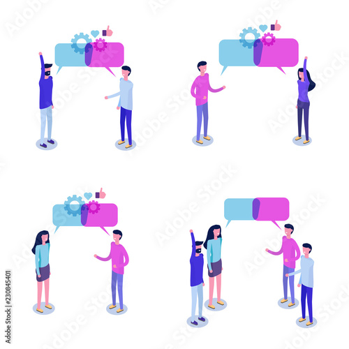 Businessmen discuss social network isometric concept, news, chat, dialogue speech bubbles. Vector illustration.