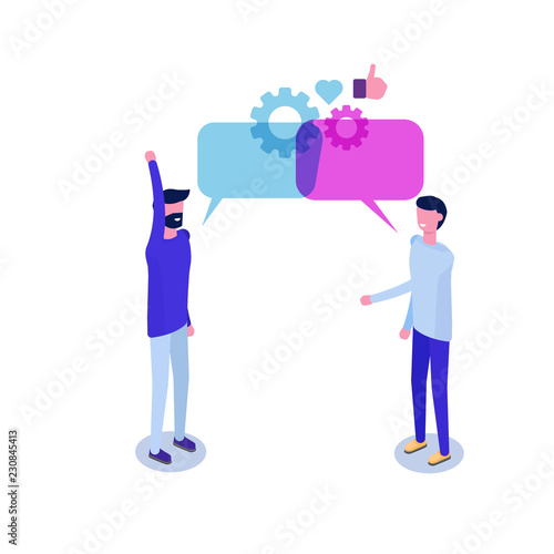 Businessmen discuss social network isometric concept, news, chat, dialogue speech bubbles. Vector illustration.
