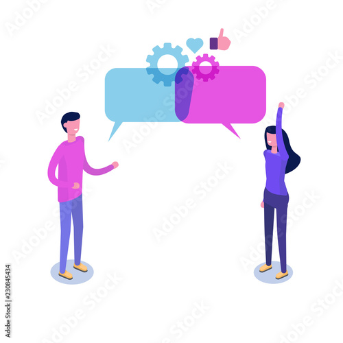 Businessmen discuss social network isometric concept, news, chat, dialogue speech bubbles. Vector illustration.