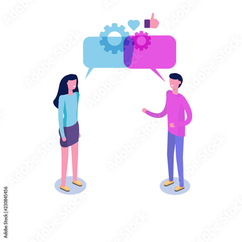 Businessmen discuss social network isometric concept, news, chat, dialogue speech bubbles. Vector illustration.
