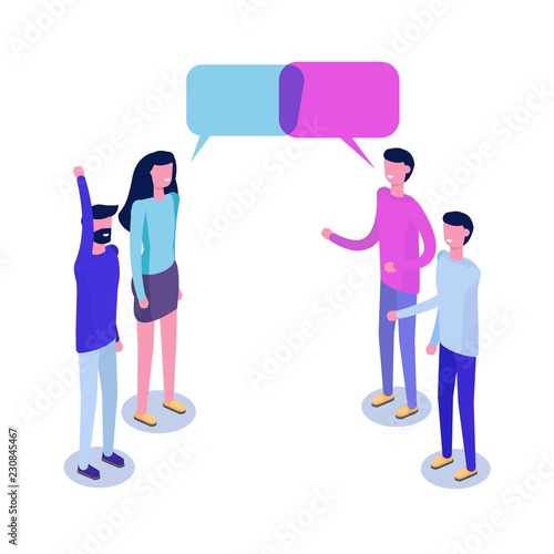 Businessmen discuss social network isometric concept, news, chat, dialogue speech bubbles. Vector illustration.