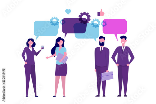 Businessmen discuss social network, news, chat, dialogue speech bubbles. Vector illustration.