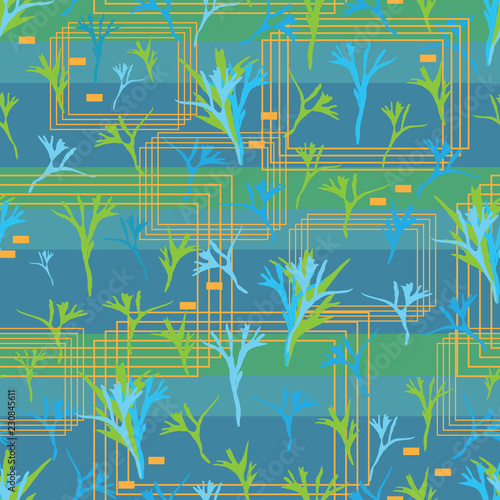 Abstract Fern-Virgin Forest seamless Repeat Pattern illustration. Background in Green Blue and Orange