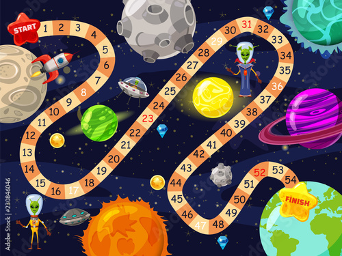 Space board game vector illustration. Rockets UFO and Aliens in space board game strategy kid cartoon design template or racing tabletop game with dice to start and finish route in space planets