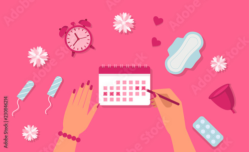 Women hands, clock, pad, tampon, pills. Menstruation cycle. Vector