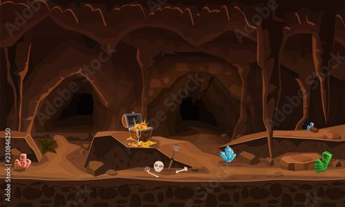 Treasure cave with chest gold coins, gems. Concept, art for computer game. Background image to use games, apps, banners, graphics. Vector cartoon illustration