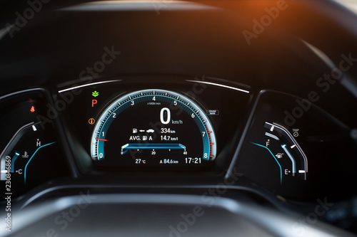 Modern digital car display,Illustration of a car dashboard panel with speedometer, tachometer.