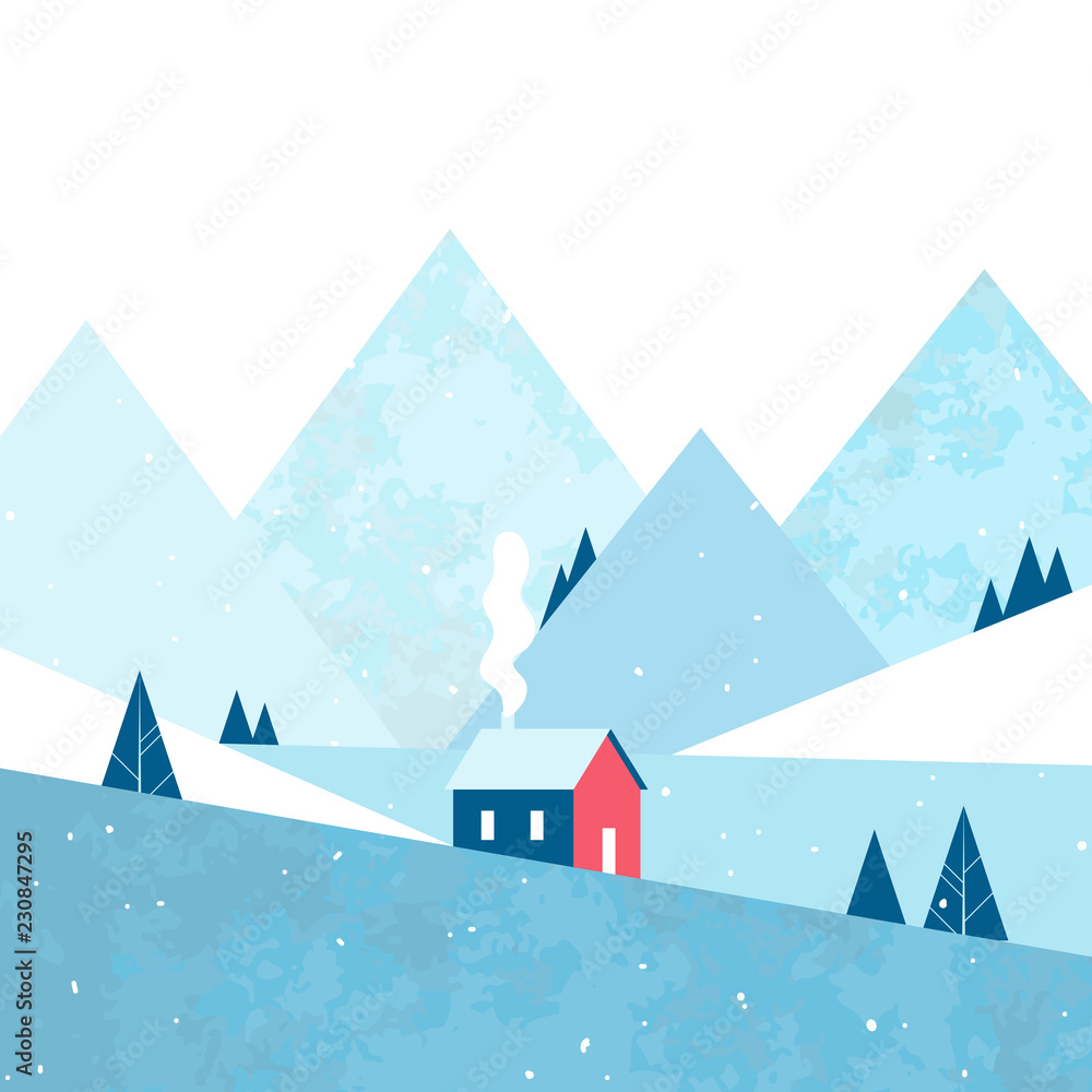 Christmas greeting card. Cozy house in the forest and mountains. Winter landscape. Vector