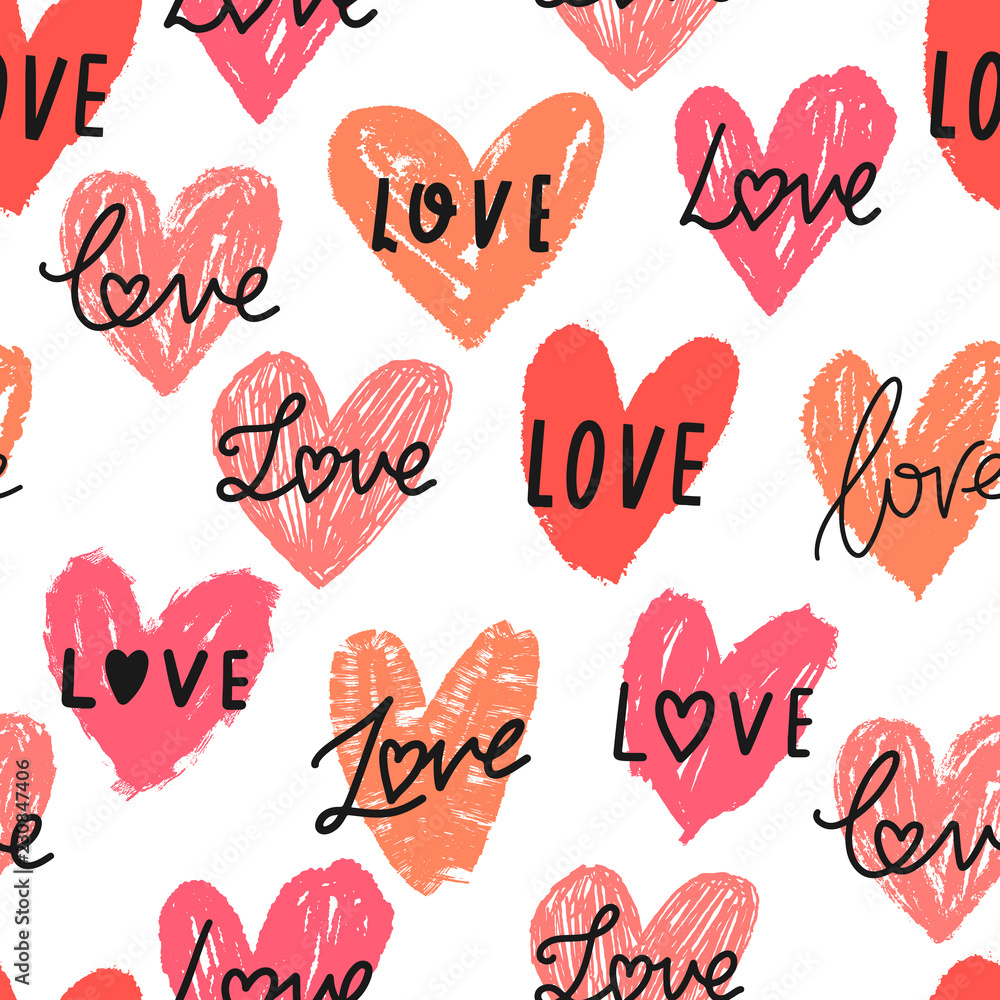 Vector hearts seamless pattern doodle set with word love lettering Vector hearts seamless pattern doodle set with word love lettering