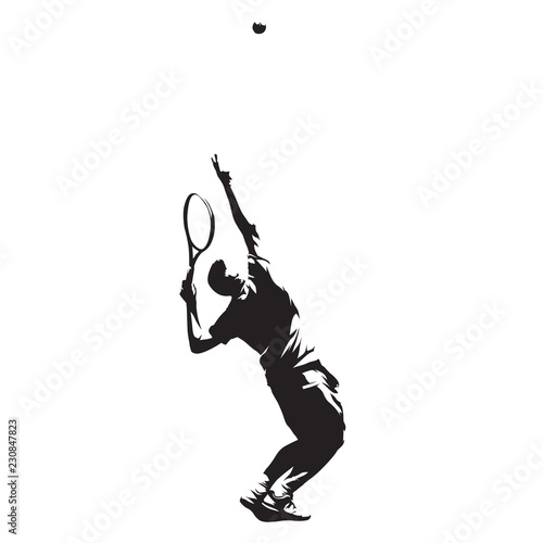 Tennis player serving ball, isolated vector ink drawing. Vector silhouette. Tennis service