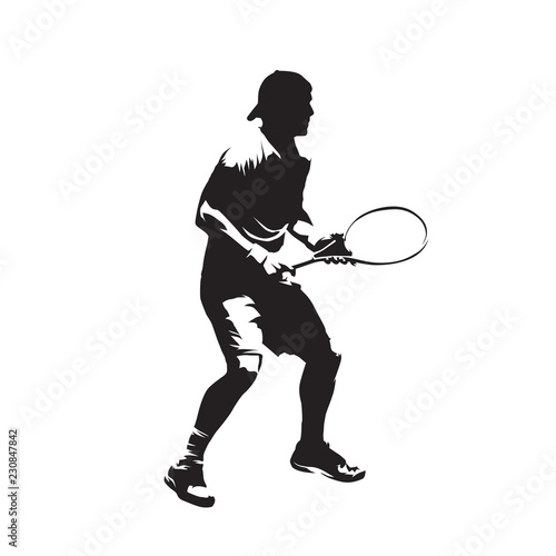 Tennis player waiting for ball, return. Individual sport athlete, isolated vector silhouette