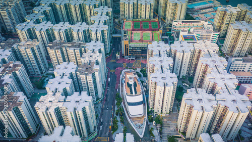 Photography Downtown skyline with urban skyscrapers at whampoa district hong kong