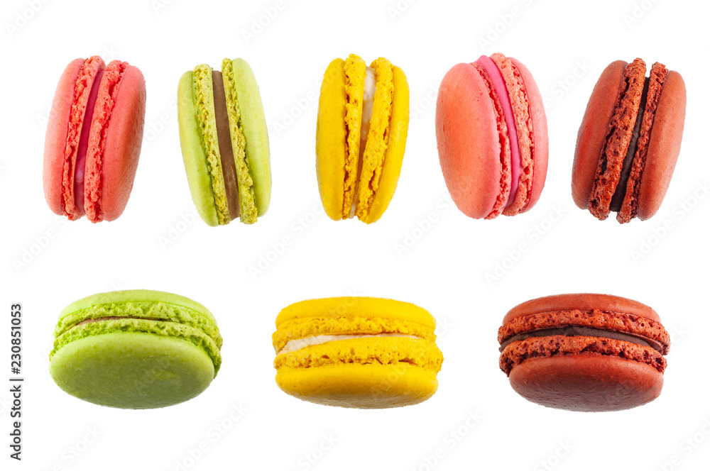 Set of macaron cakes of different colors isolated on a white background Set of macaron cakes of different colors isolated on a white background