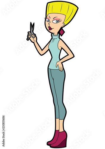 Hairdresser woman/ Illustration cartoon hair stylist with a scissors
