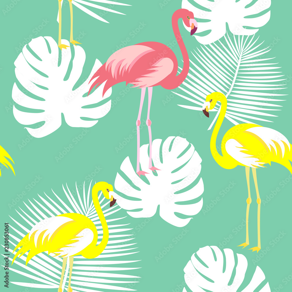 Beautiful seamless vector floral summer pattern background with tropical palm leaves, flamingo, hibiscus. Perfect for wallpapers, web page backgrounds, surface textures, textile. Beautiful seamless vector floral summer pattern background with tropical palm leaves, flamingo, hibiscus. Perfect for wallpapers, web page backgrounds, surface textures, textile.