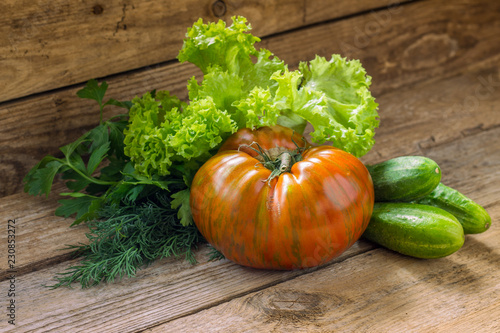 Tomato breed Berkeley Tie Dye Pink with cucumbers and fragrant herb