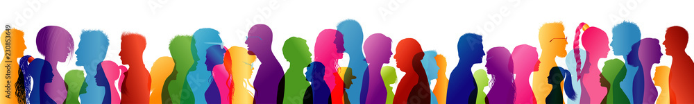 Crowd talking. Group of people talking. Colored silhouette profiles. Speak. To communicate