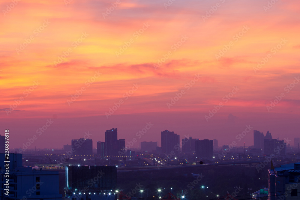 Cityscape Lights And Purple blue Sky background at twilight time