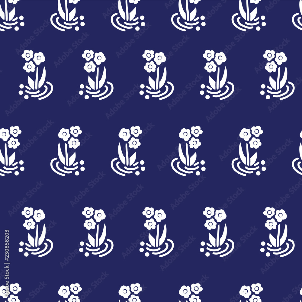 Fototapeta premium Vintage folk flowers white on blue repeating vector background. Scattered florals seamless pattern. Small flowers, Scandinavian style. For folk fabric, girl, nursery, page fill, digital paper, banners