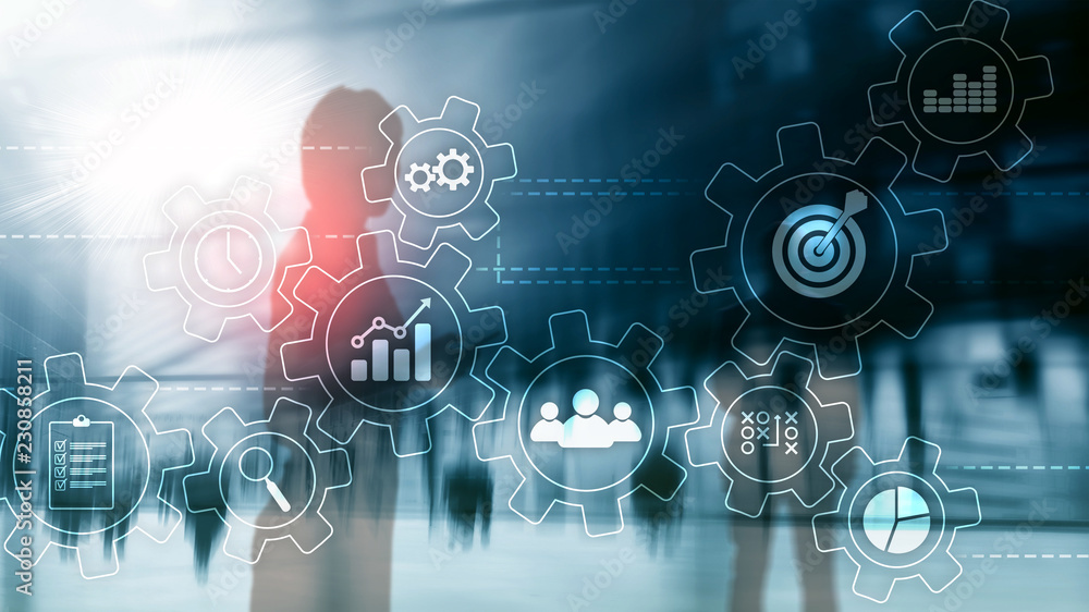 Business process automation concept. Gears and icons on abstract background. Business process automation concept. Gears and icons on abstract background.