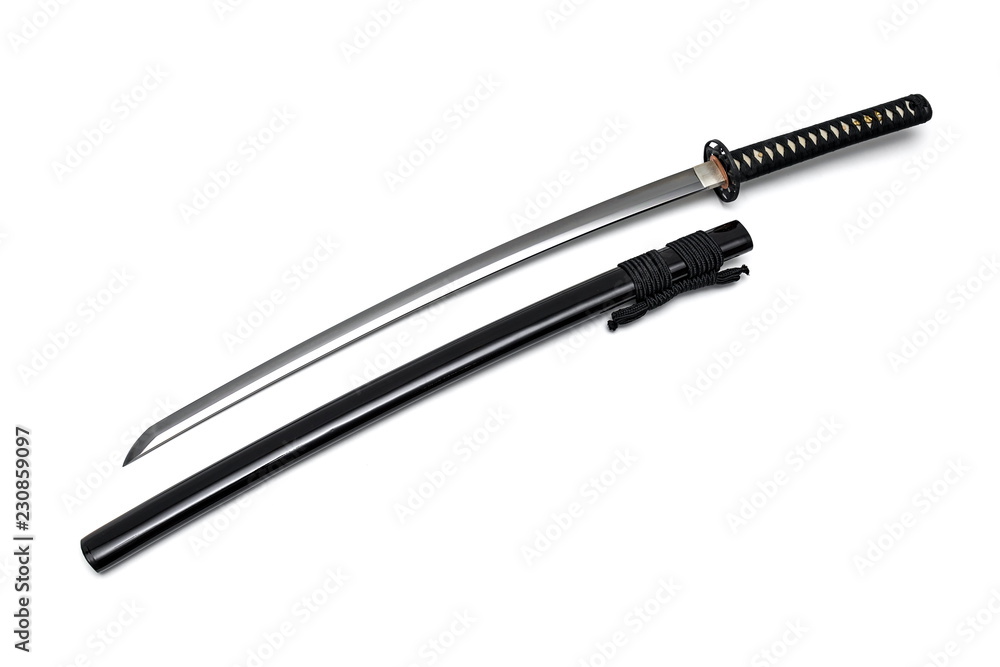 Japanese sword steel fitting and black cord with shiny black scabbard on white background. Japanese sword steel fitting and black cord with shiny black scabbard on white background.