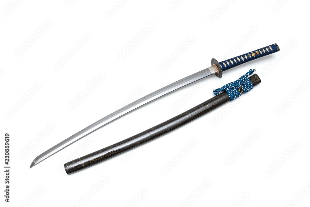 Japanese sword steel fitting and blue cord with scabbard on white background. Japanese sword steel fitting and blue cord with scabbard on white background.