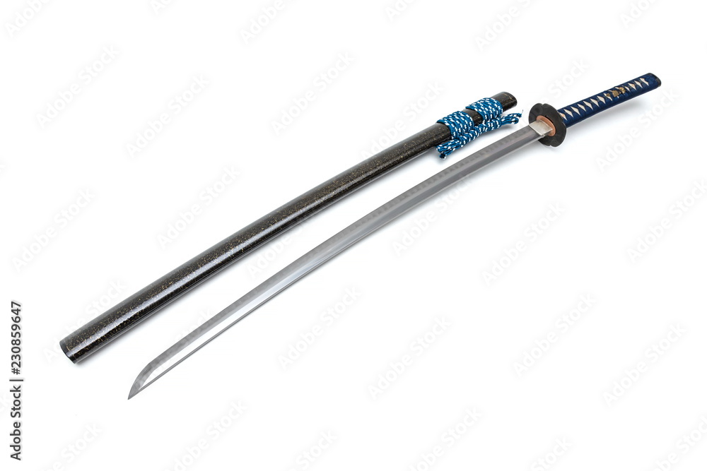 Japanese sword steel fitting and blue cord with  scabbard on white background.